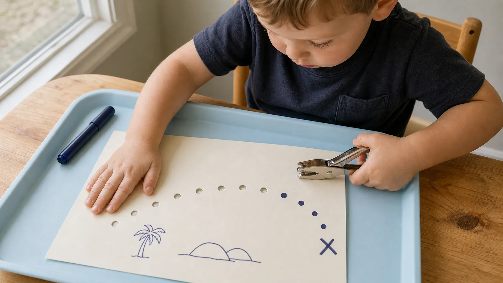Child correctly gripping a handheld hole punch over a curved dotted treasure-map trail that leads to an X