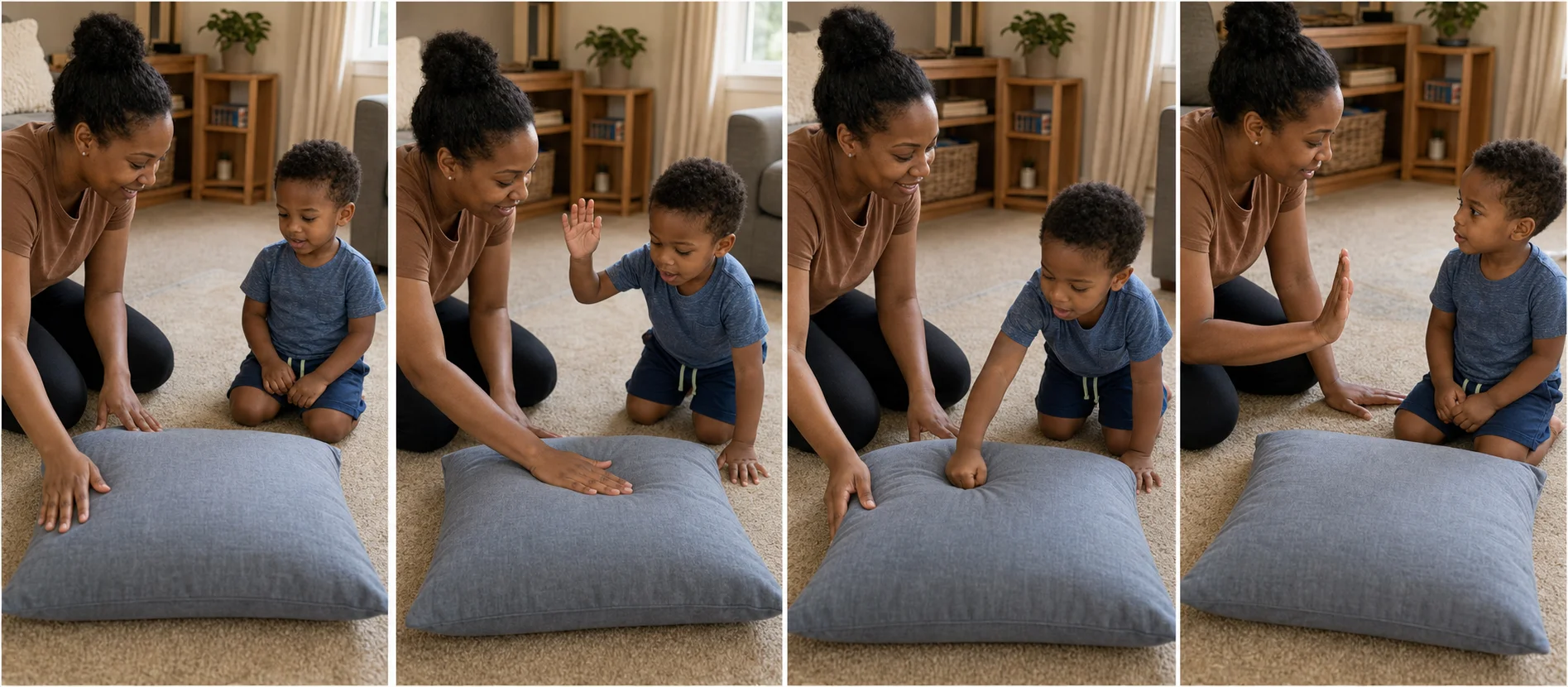 Four panels showing a pillow placed on a carpet, a grown-up modeling one pillow punch, the child punching the pillow, and both hands stopping after the cue.