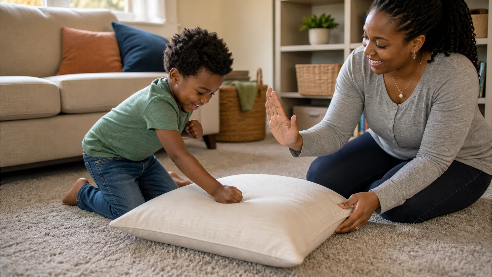 A young child kneels on a carpet and punches a large soft pillow while a grown-up sits close with one hand near the pillow.