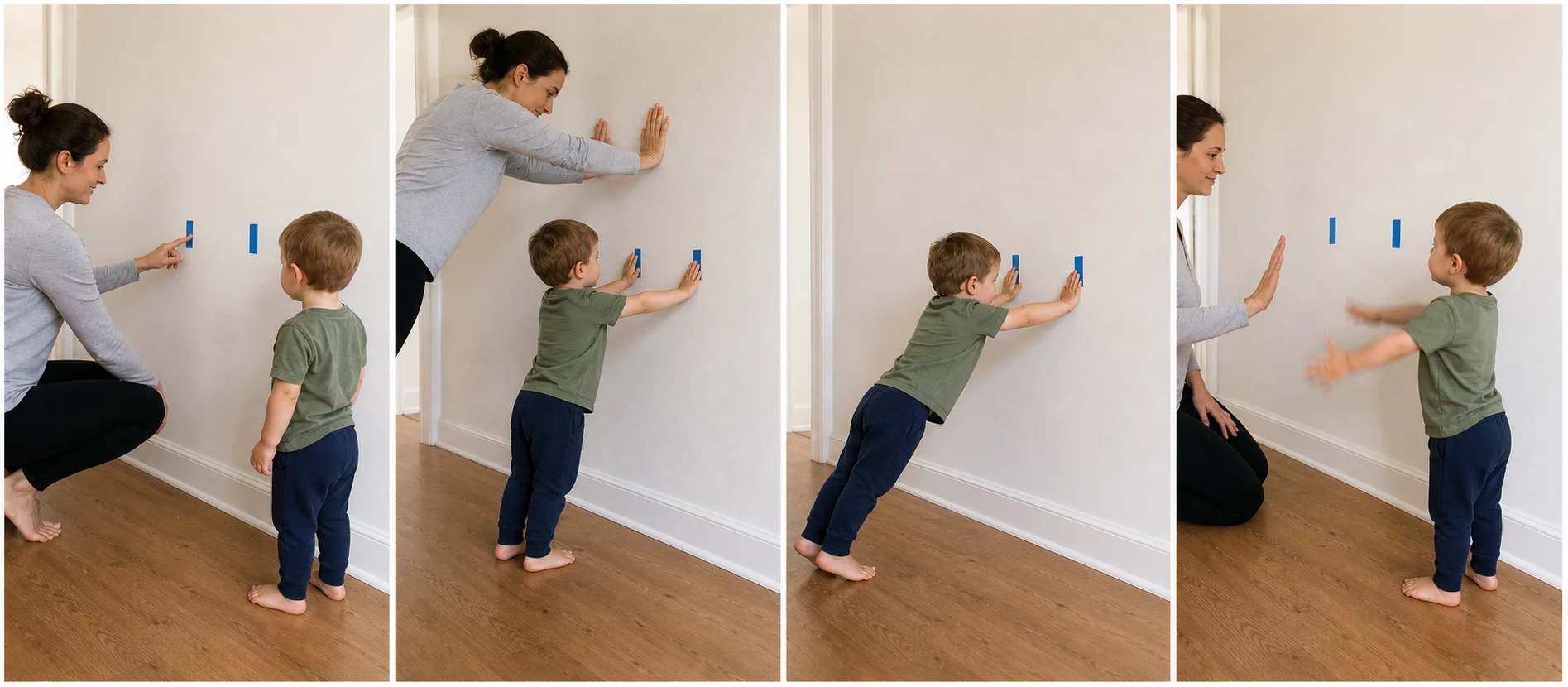 Four panels showing a grown-up clearing a wall spot, modeling a wall push, a child pushing with both hands, and the child stopping to shake out arms.
