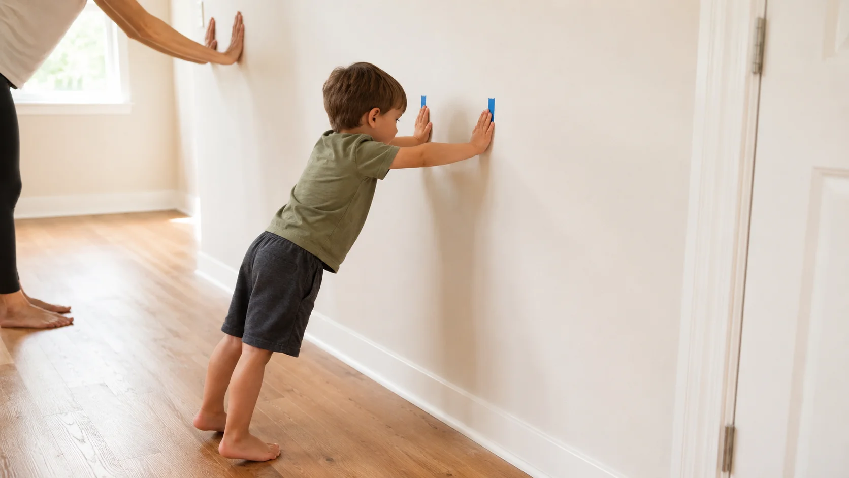 A child standing with both hands on a clear wall while a grown-up models a hands-only push nearby.