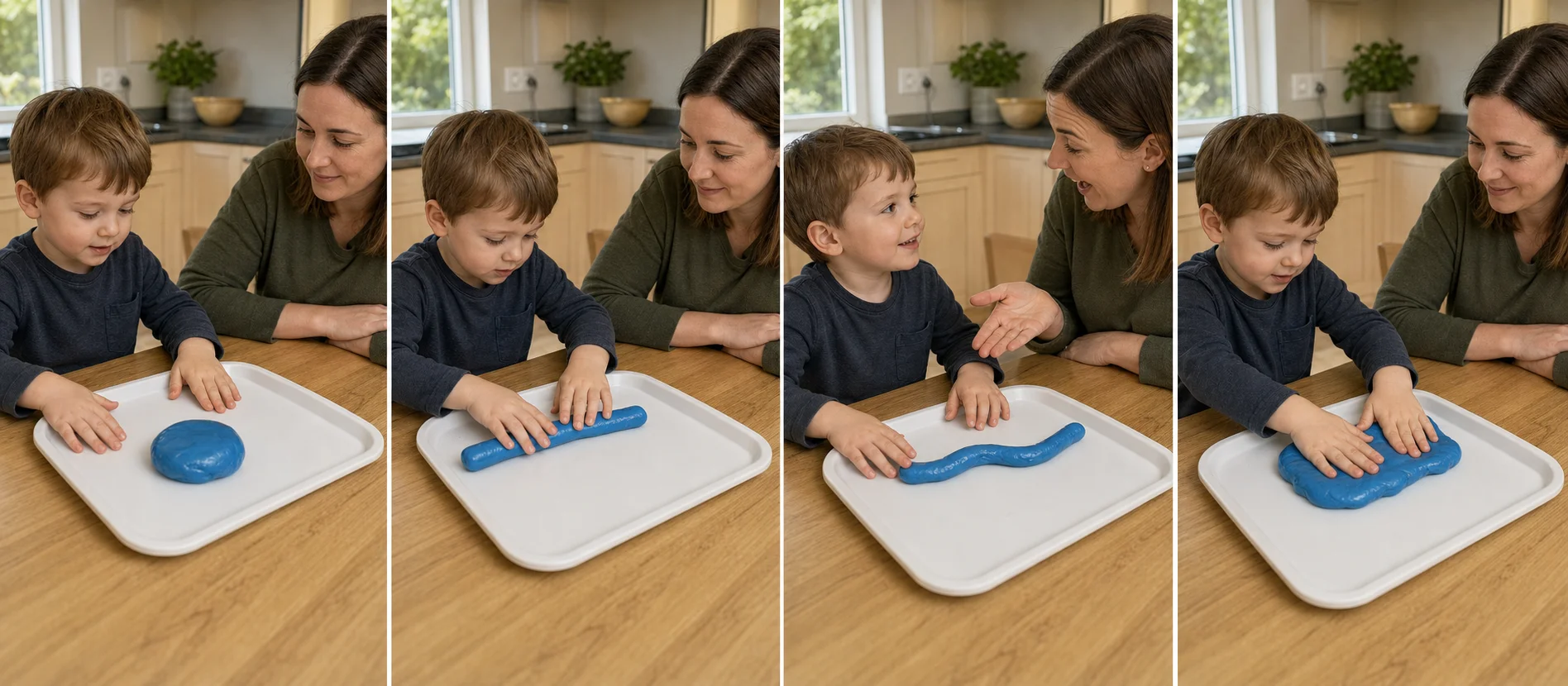 A sequence showing putty shaped into a simple prop, shown for a guess, squashed flat, and rolled back into a lump.