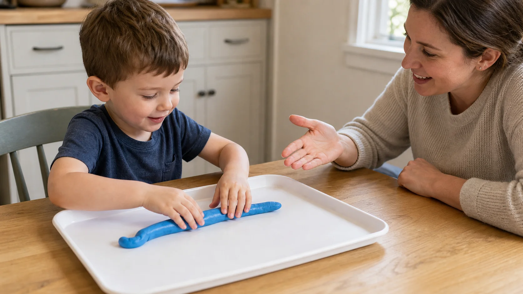 A child shaping a soft putty lump on a tray while a grown-up watches.