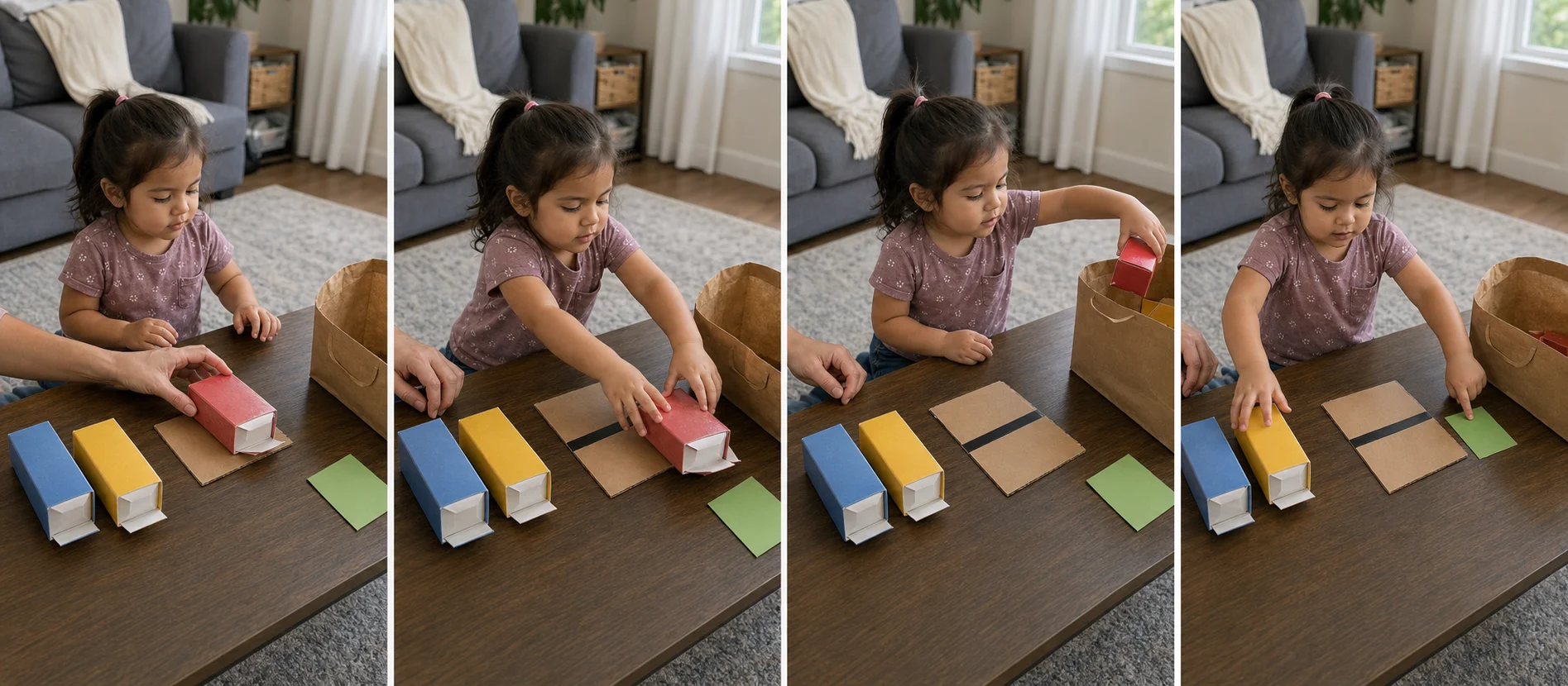 A multi-panel sequence showing a child scanning a box, dropping it into a grocery bag, tapping a done card, and reaching for the next item.