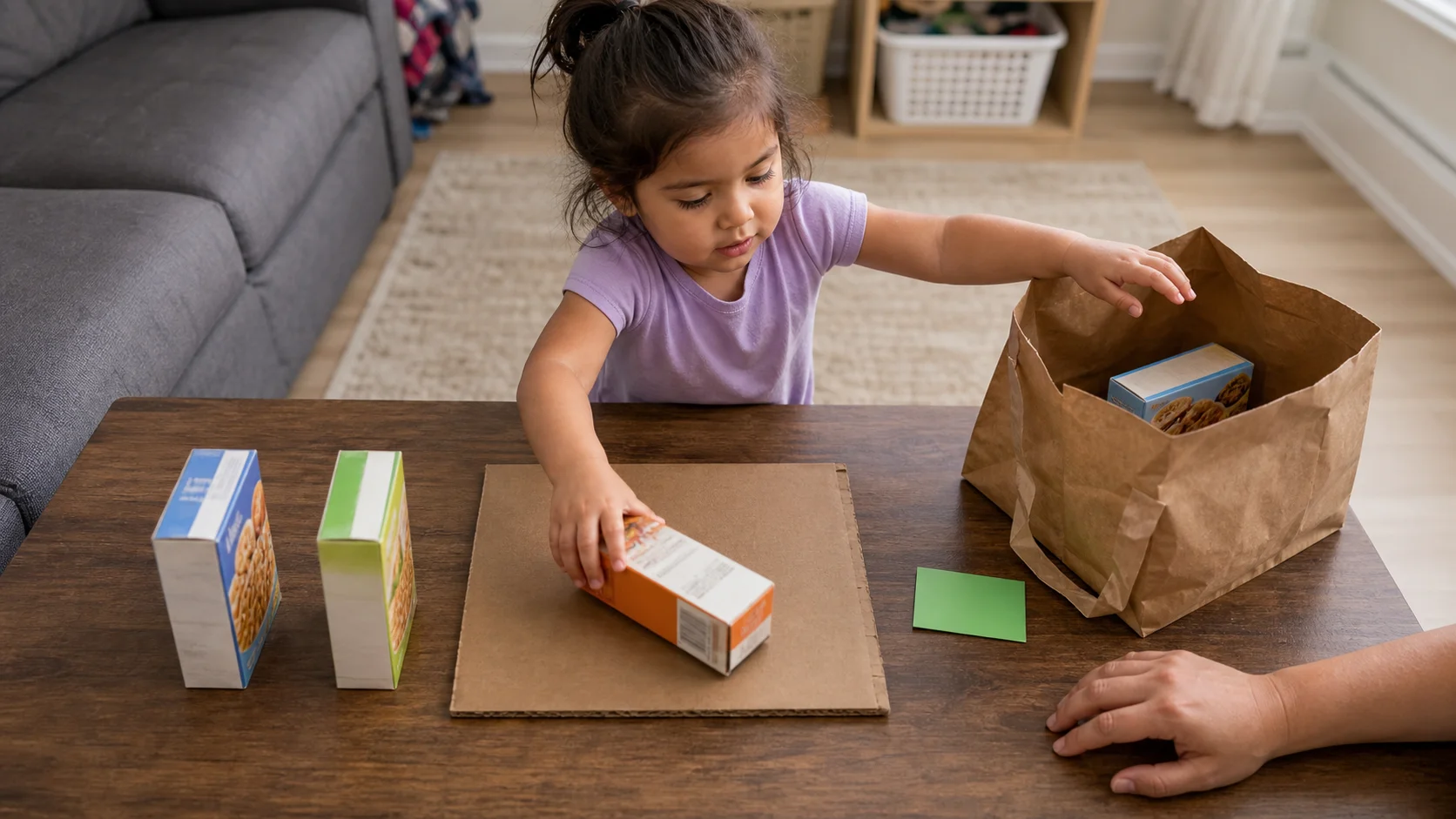 A toddler at a low table sliding a small grocery box across a pretend scanner while a grocery bag and done card sit beside it.