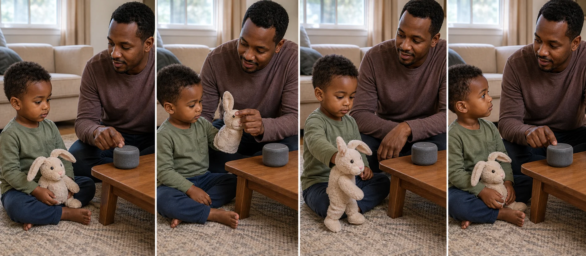 A sequence showing music starting, the puppet moving, the grown-up narrating, pausing, and replaying the same clip.