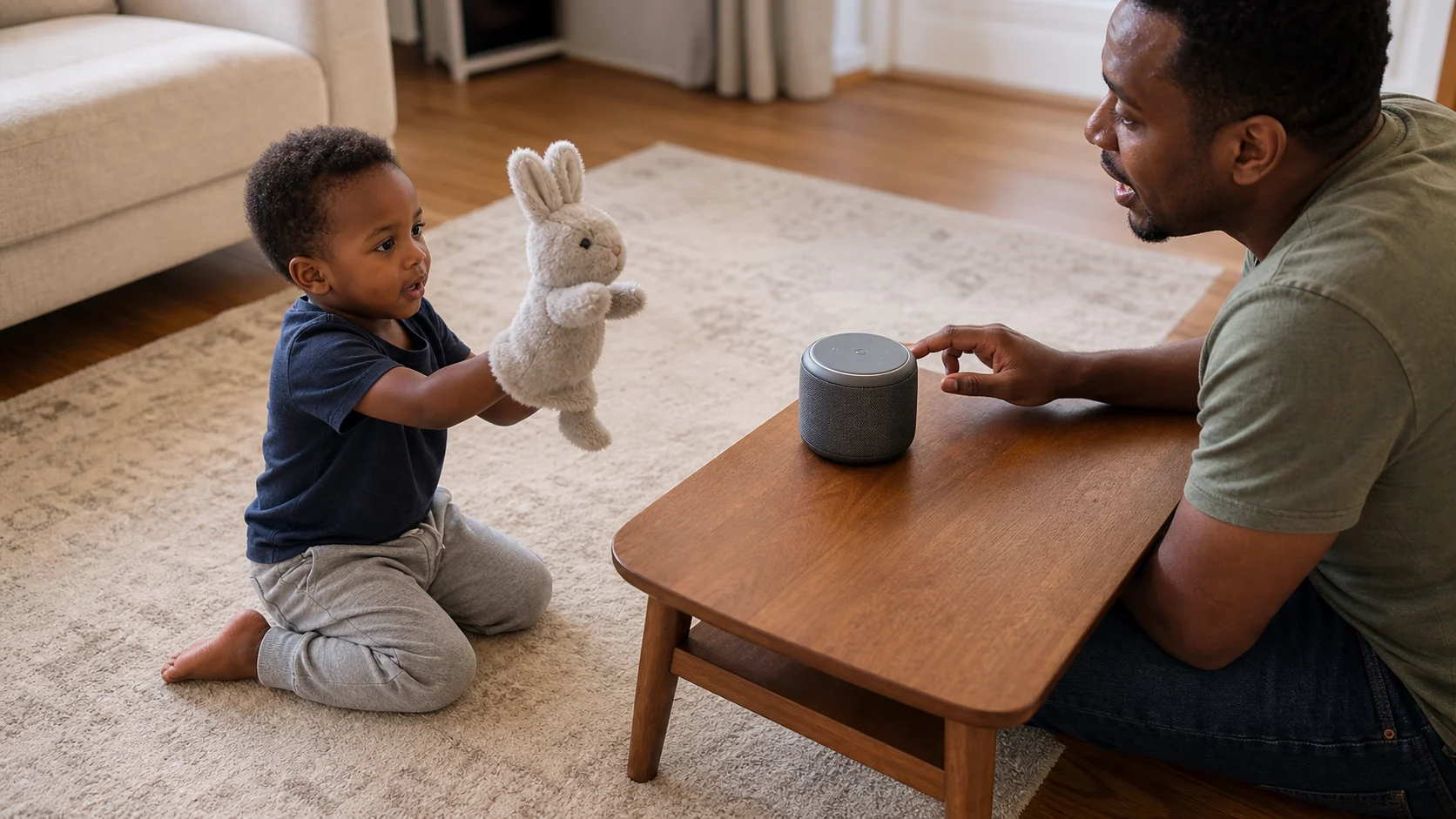 A child holding a puppet while a grown-up plays a quiet music clip nearby.