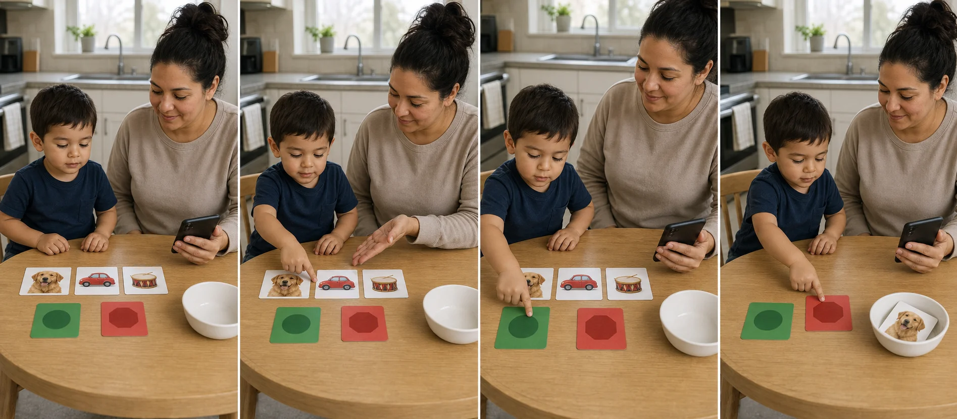 Sequence showing picture cards on a table, a child tapping GO, a grown-up playing a very low-volume sound clip, and the child tapping STOP before moving a card to a done bowl.