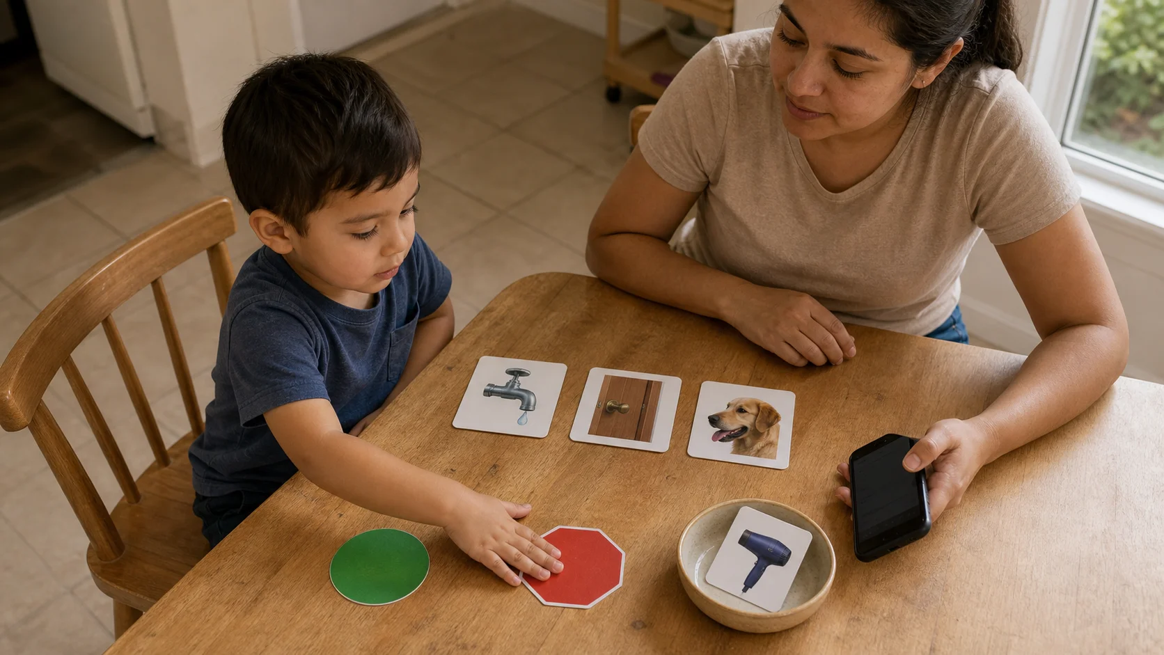 Toddler pointing to a sound picture card beside GO and STOP cards while a grown-up holds a phone ready to play a quiet clip.