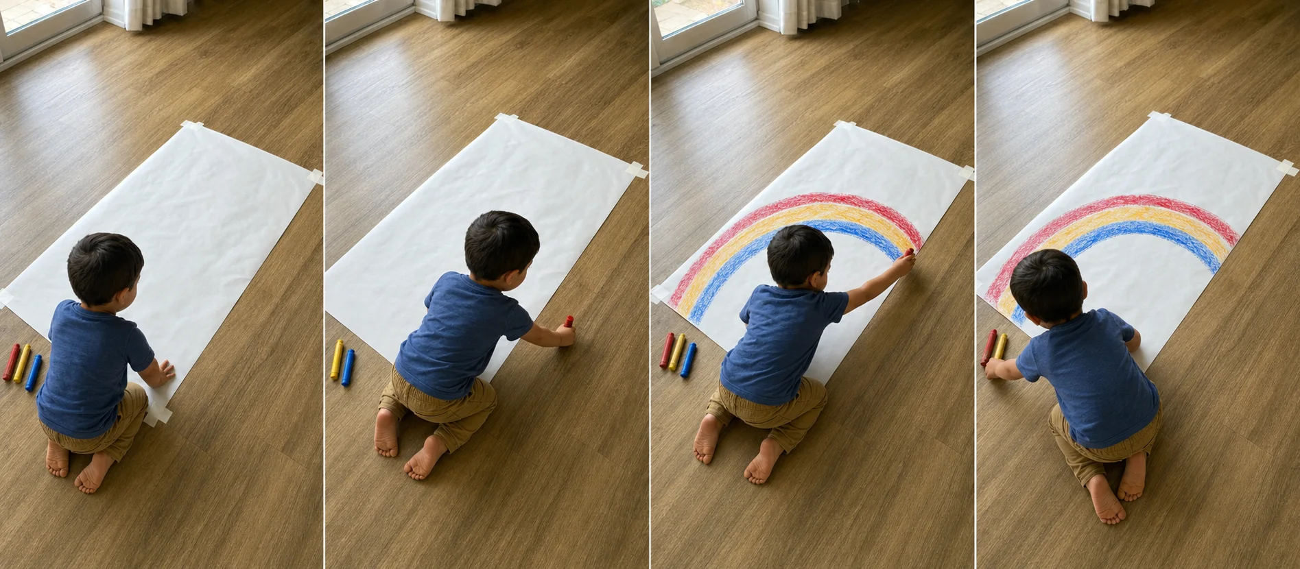 A step-by-step play sequence showing taped floor paper, crayons placed on one side, one same-hand rainbow sweep across the page, and a new color for the next arc.