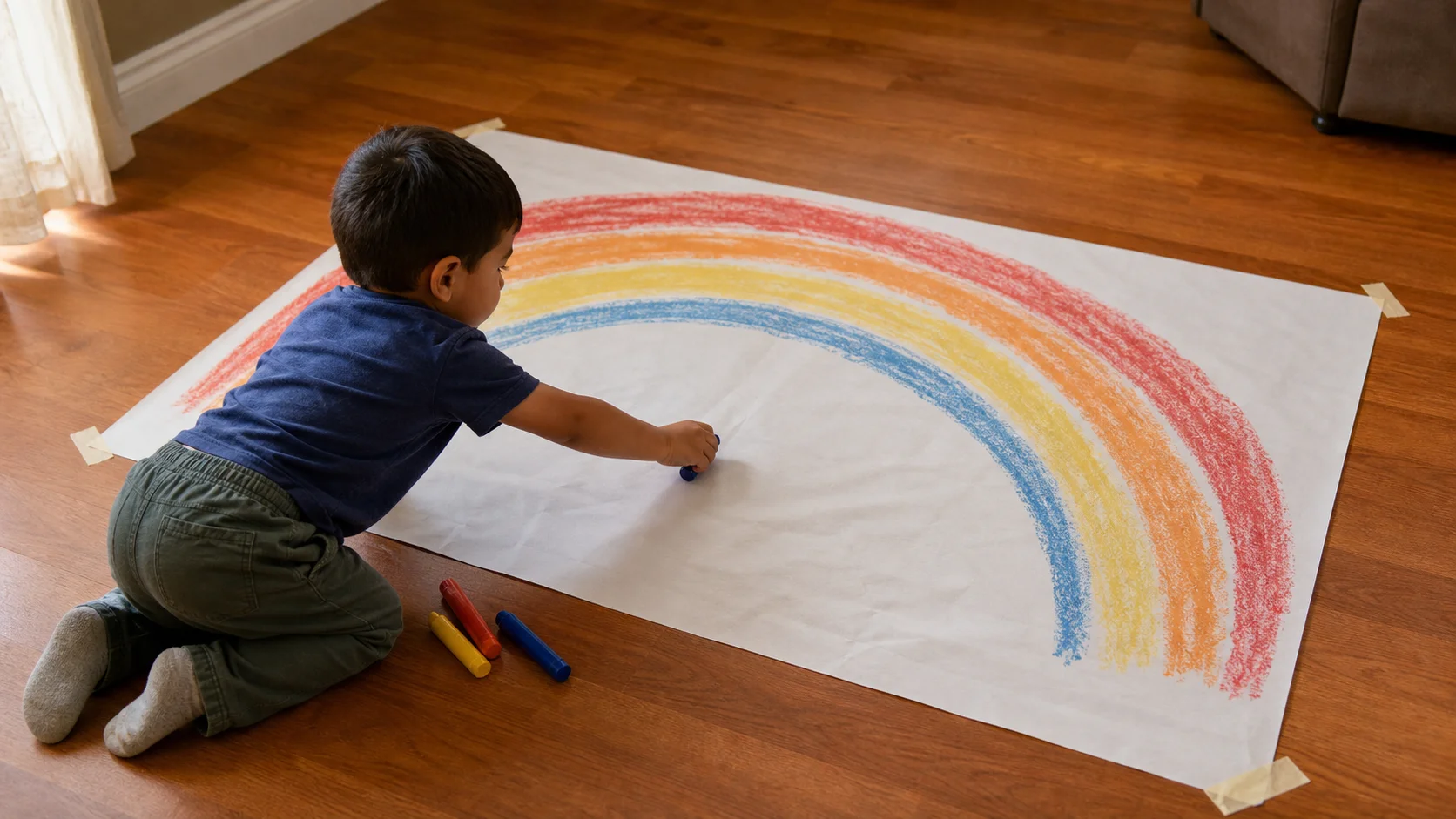 A child kneels at the edge of a large paper sheet and draws a wide rainbow arc with one crayon while a grown-up points to the far side.