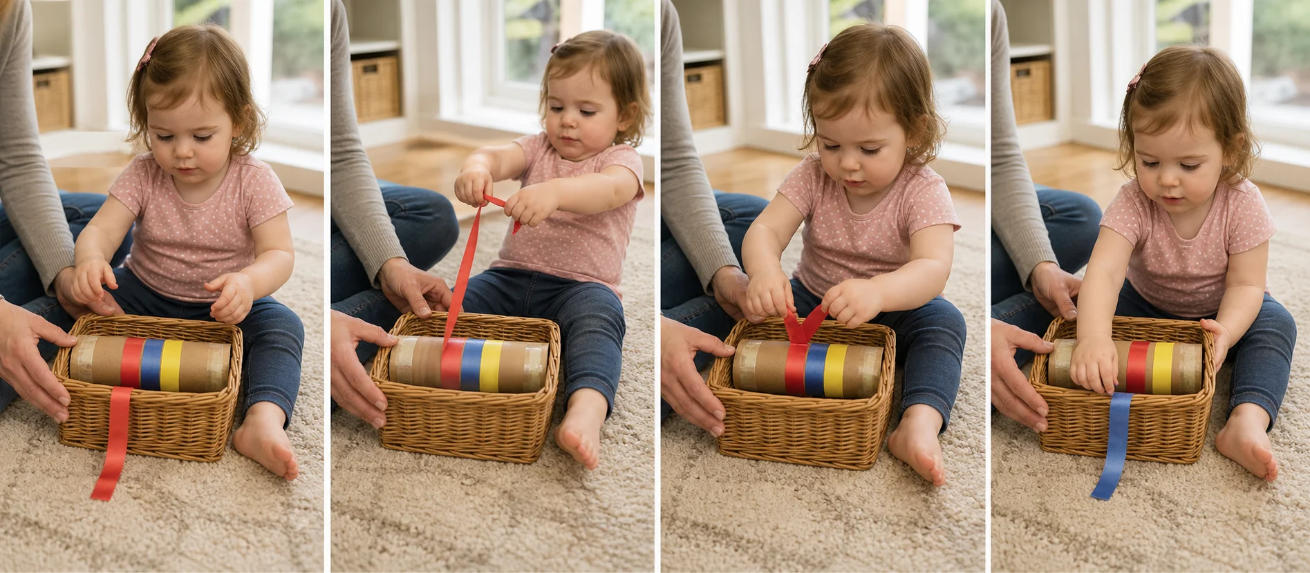 Sequence showing a grown-up presenting a basket spool, a child pulling one ribbon as the roll spins, and both hands rewinding it for another turn.
