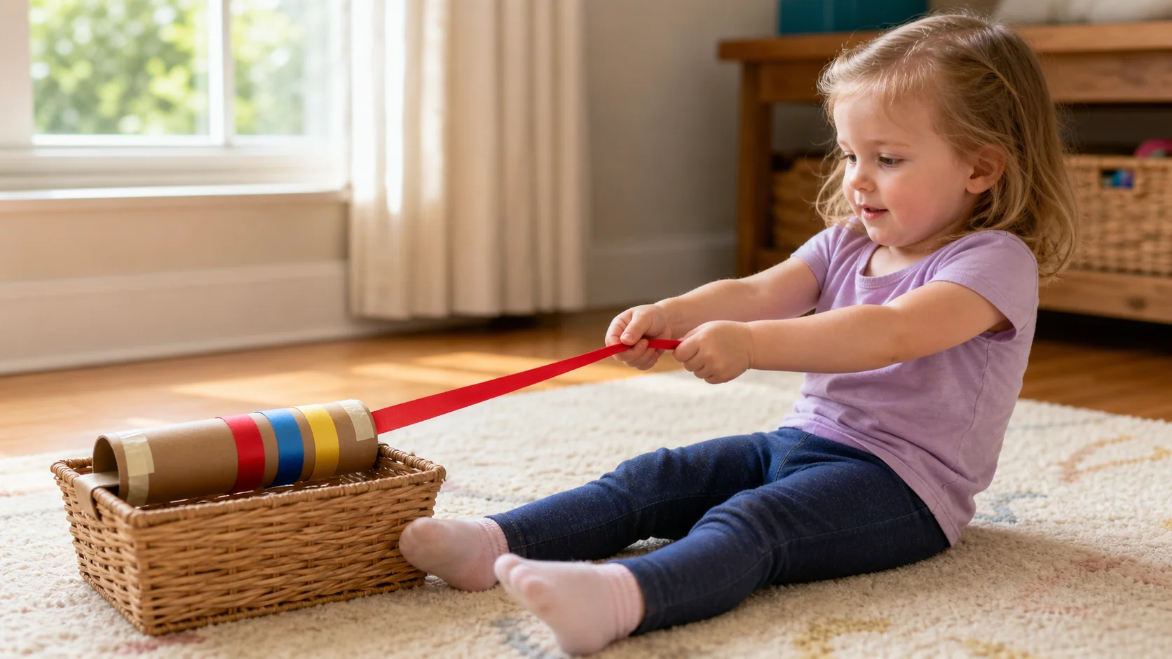 Toddler pulling a bright ribbon from a basket-mounted paper-roll spool while a grown-up steadies the basket nearby.