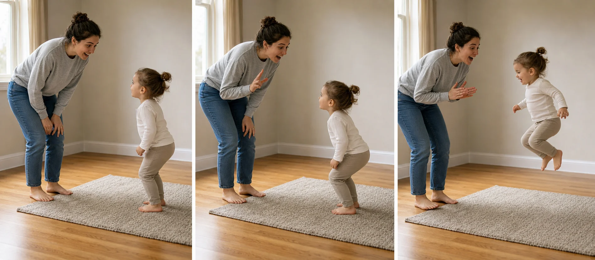 A multi-panel sequence showing a grown-up saying "ready... steady... go," a toddler jumping once, landing, and resetting for another turn.