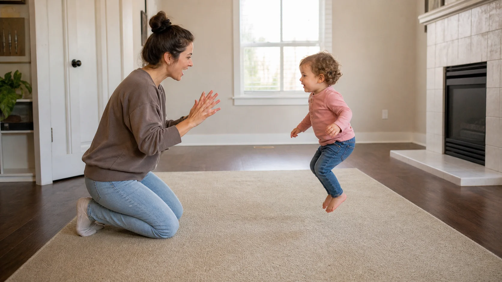 A grown-up and toddler face each other on a clear floor spot as the toddler bends to jump on "go."