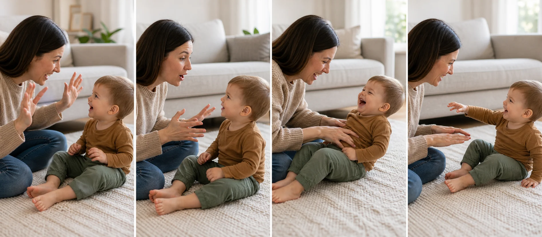 A four-panel sequence showing a grown-up saying ready steady, giving a tiny tickle, pausing, and the toddler signaling for another turn.