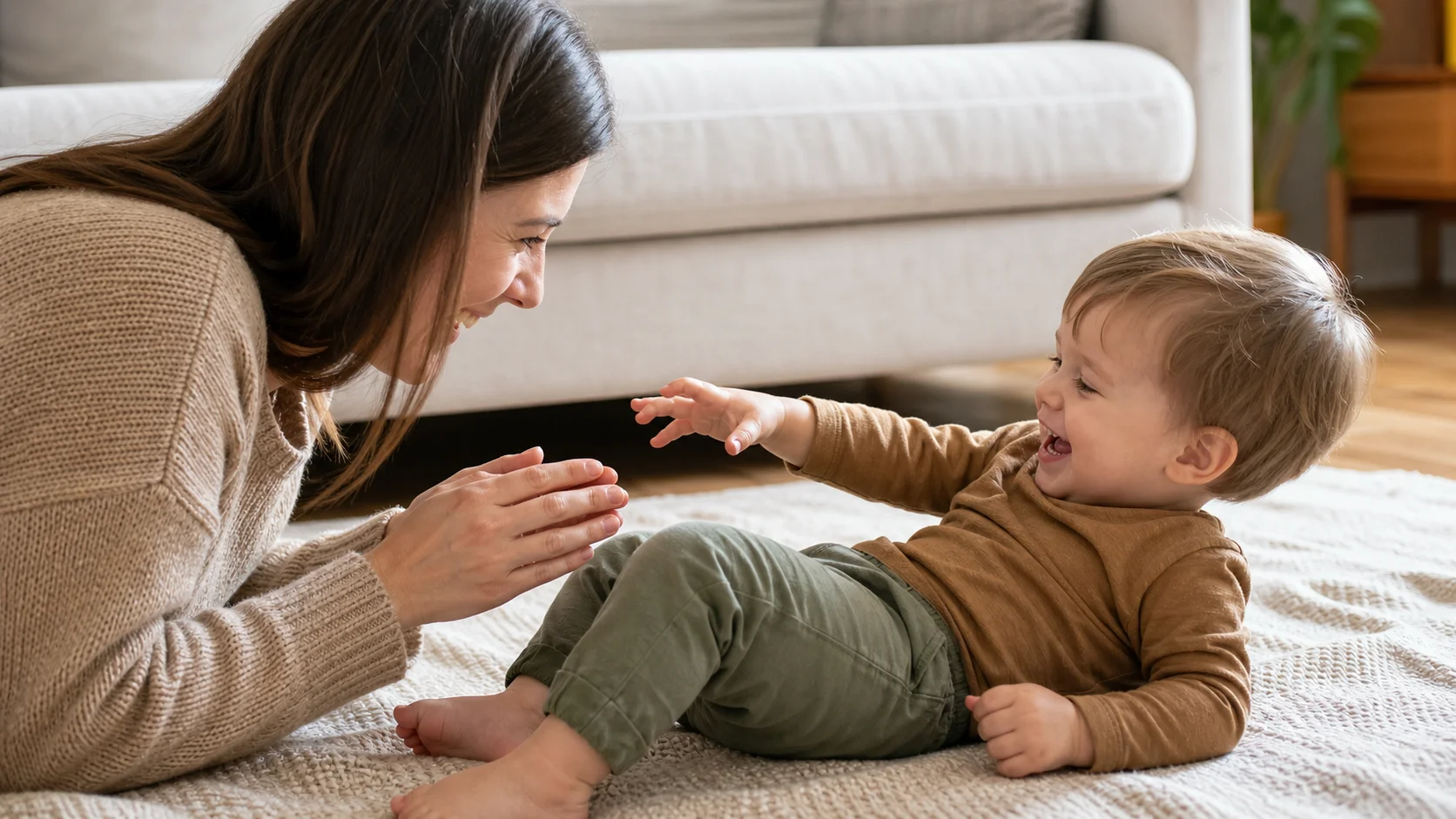 A grown-up and toddler sit face to face while the grown-up lifts their hands and pauses before a gentle tickle game.