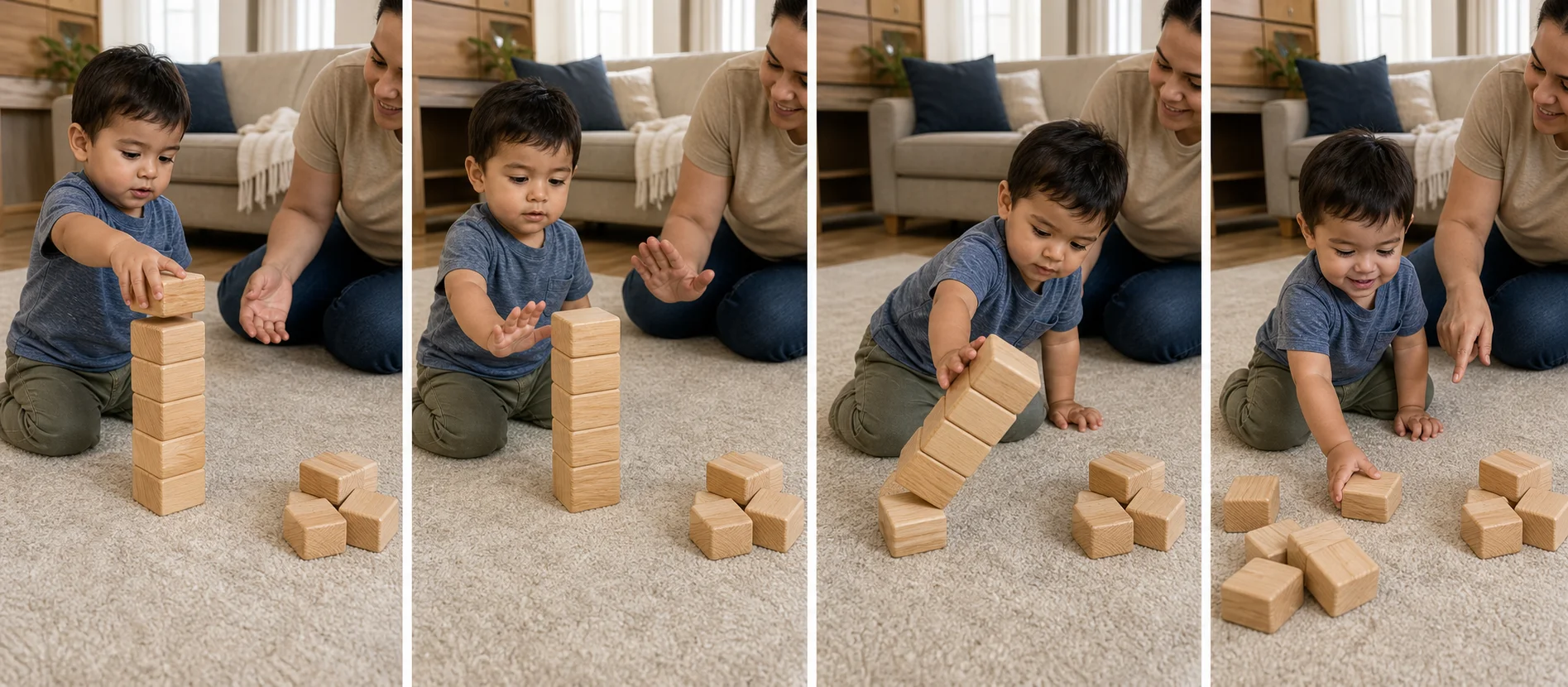 Three-panel sequence showing a toddler building a block tower, waiting for ready steady go, and knocking it down.