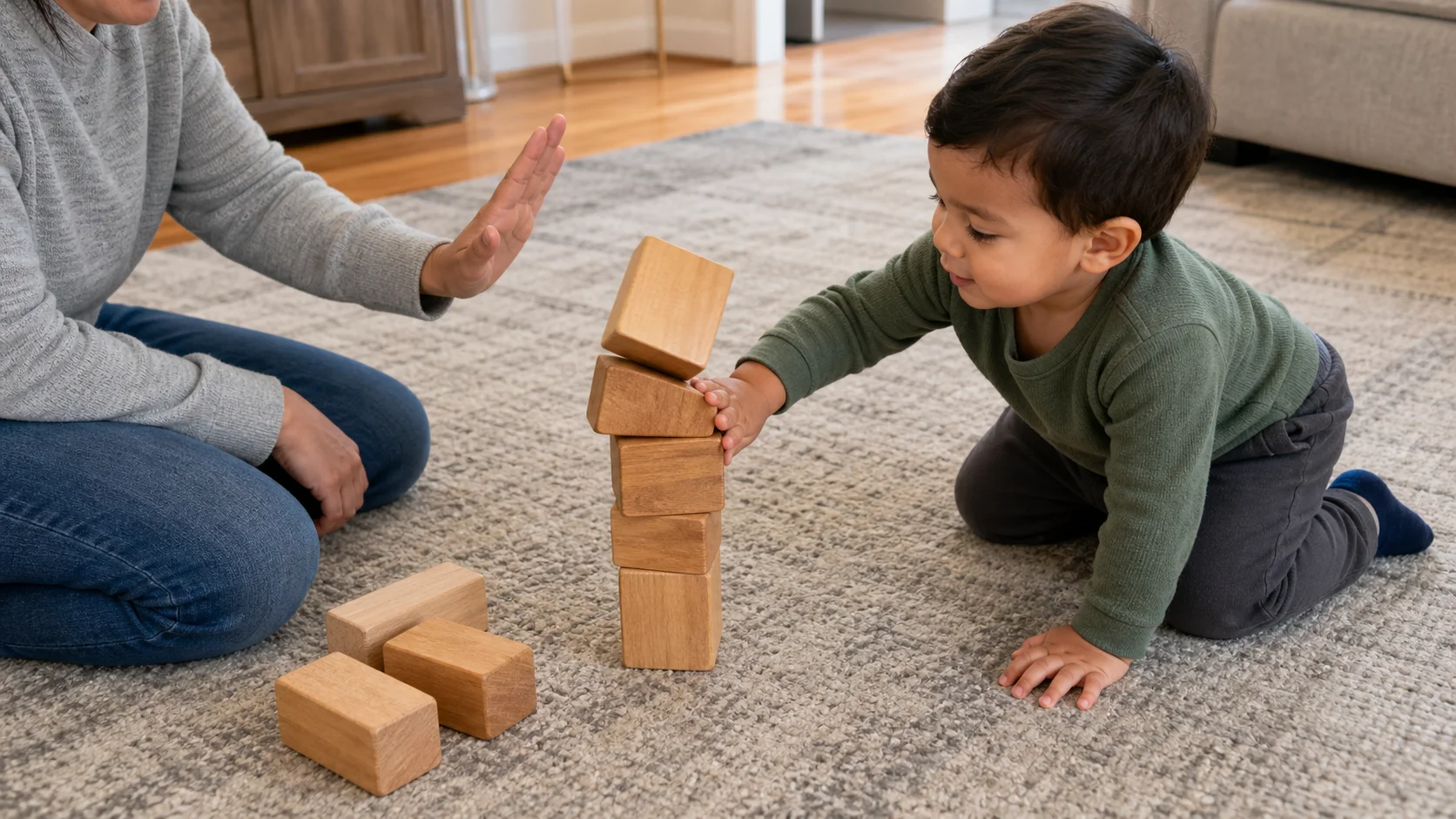 Toddler and grown-up sitting near a low block tower just before the child knocks it down.