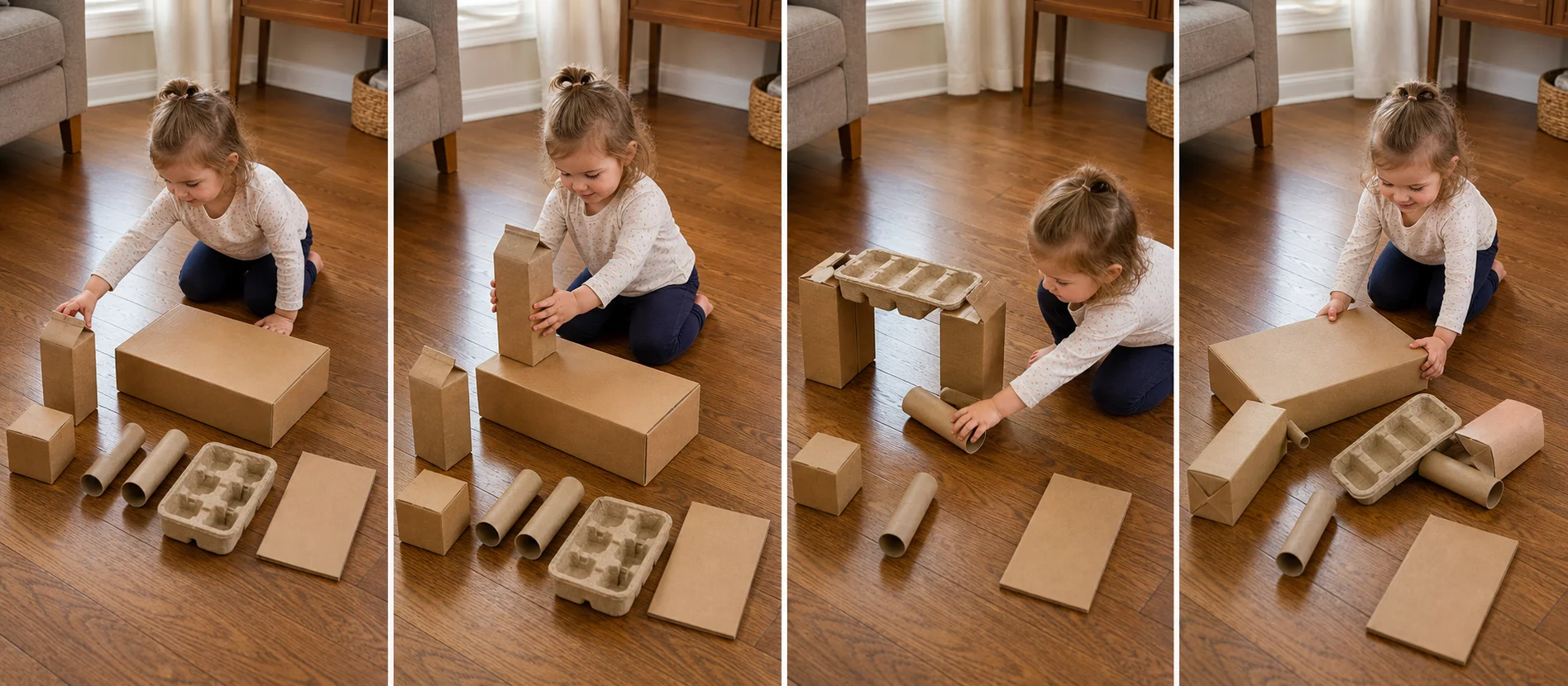 A step-by-step play sequence showing clean cardboard pieces spread on the floor, a child adding pieces to a tower and tunnel, a crash, and a quick rebuild.