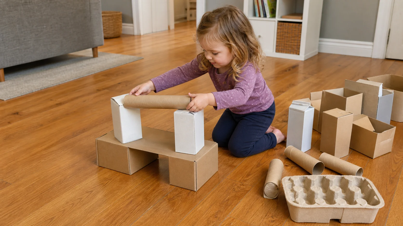 A child stacks clean boxes, cartons, and cardboard tubes into a floor tower while a grown-up sits nearby and more recyclables wait beside the build space.