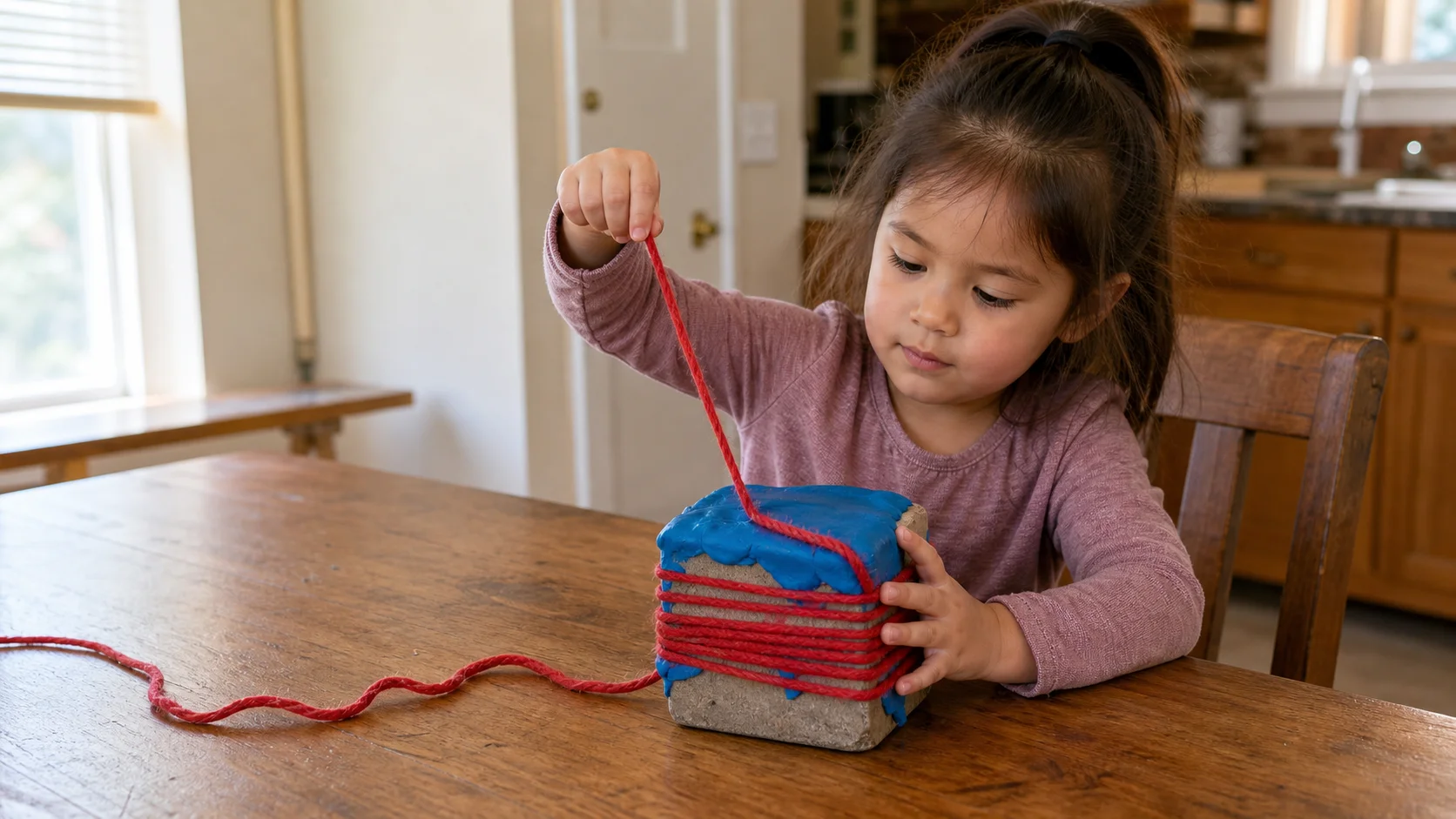 A child sits at a table, holds a playdough-covered block with one hand, and pulls a yarn tail with the other while a grown-up stays close.