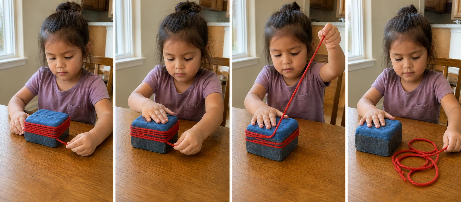 Four panels show a grown-up wrapping damp yarn around a playdough-covered block, a child holding the block, the yarn peeling away during the pull, and the block rewrapped for another turn.