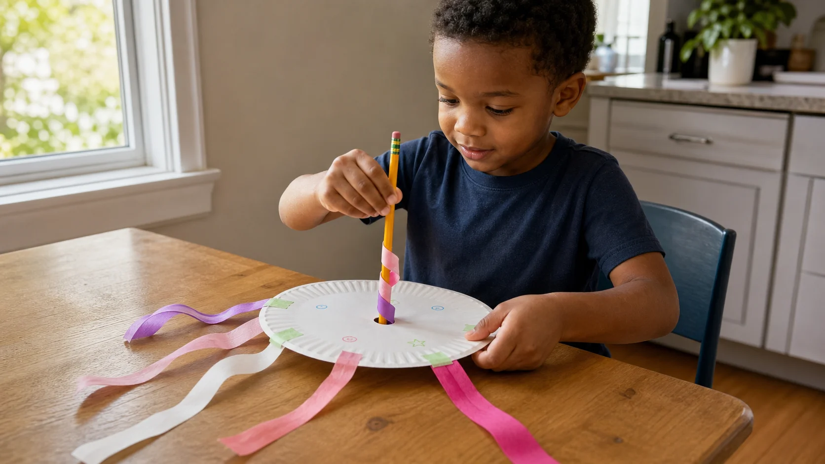A child holds a pencil-handled paper plate spinner while long ribbons wrap and loosen as a grown-up stays nearby.