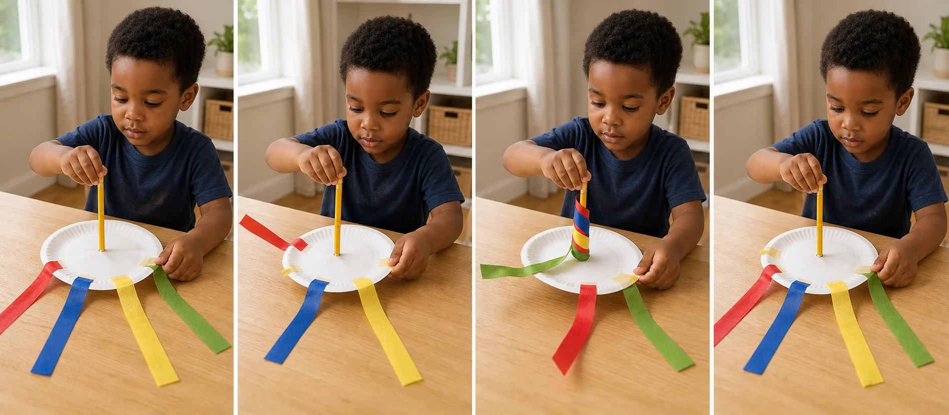 A step-by-step play sequence showing ribbons taped around a paper plate, the pencil handle, one wrap turn, one reverse turn, and a quick reset.