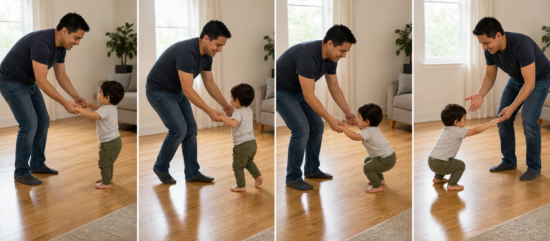 A sequence showing hand holding, slow circle steps, a stop cue, a soft crouch, and the child standing to choose again or all done.