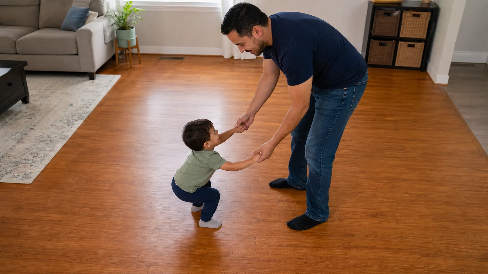 A toddler holding a grown-up's hands and crouching softly in a clear play space.