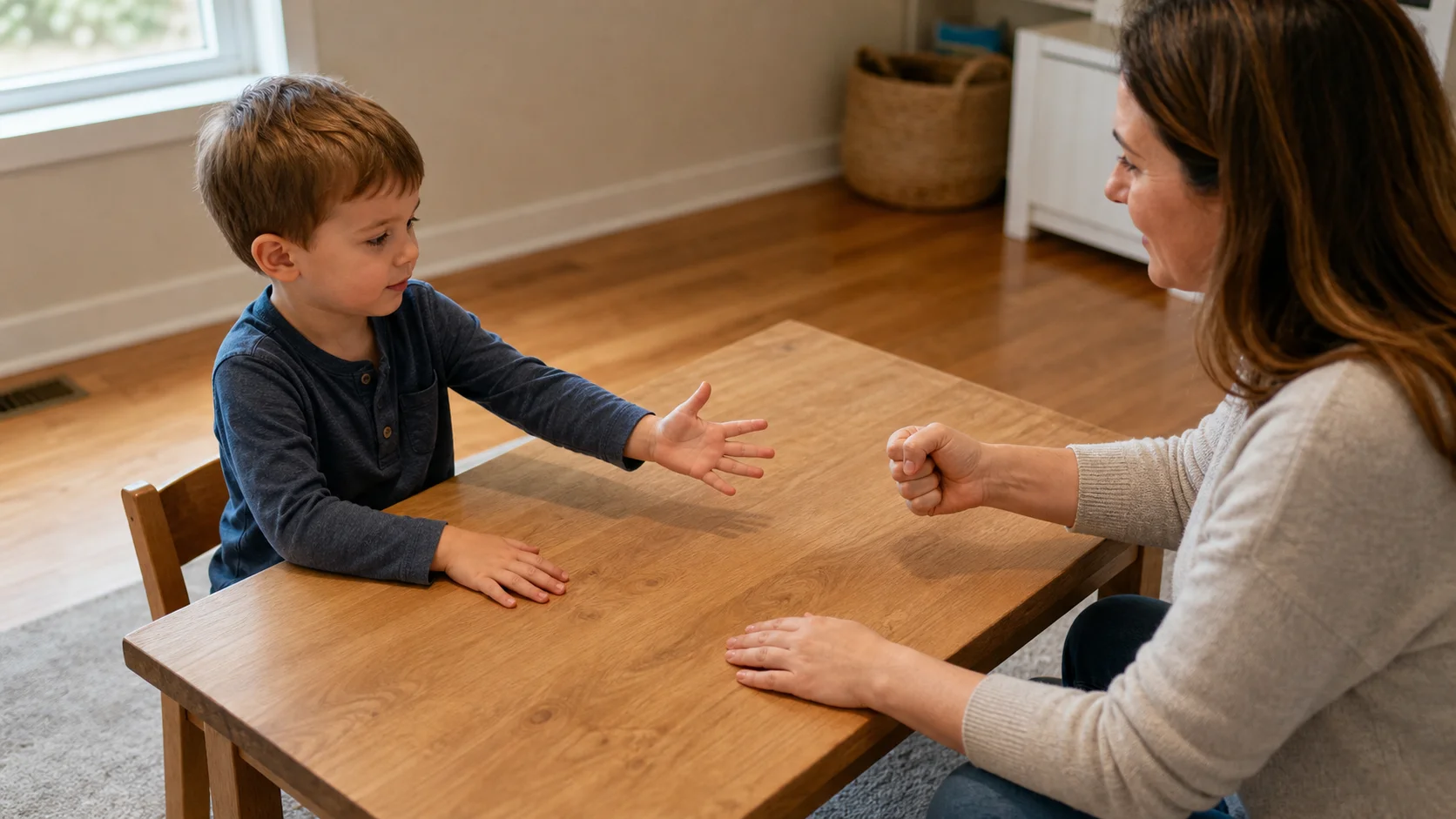 A grown-up and toddler facing each other with hands ready for a rock paper scissors reveal.