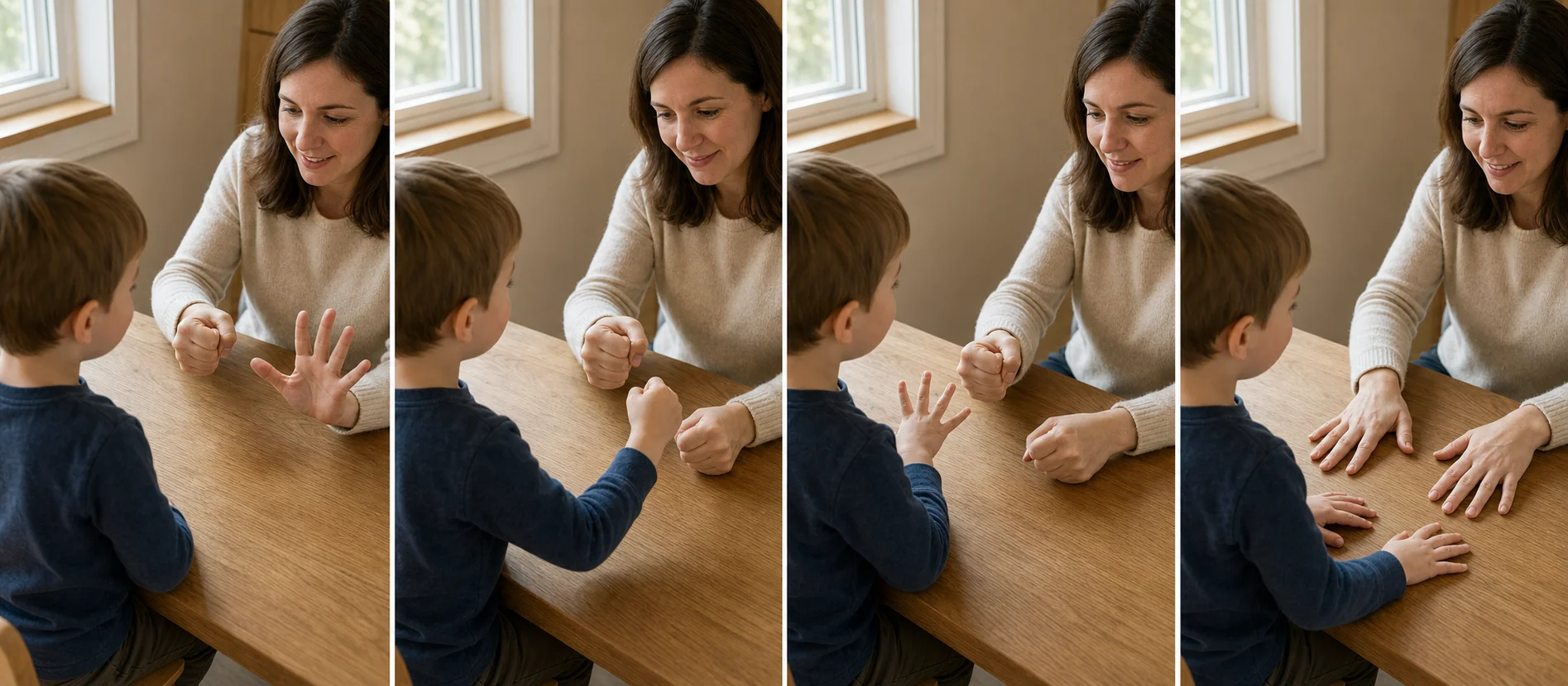 A sequence showing a toddler watching hand-shape examples, revealing a hand shape, comparing same or different, and opening hands to reset.