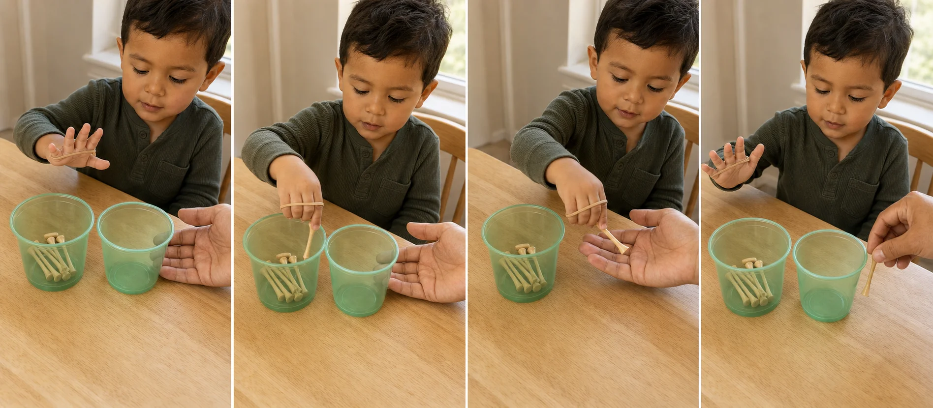 Four panels show a grown-up setting out two cups, sliding a loose rubber band onto the child's fingers, the child passing one tee to a helper, and the empty cup filling up across the round.