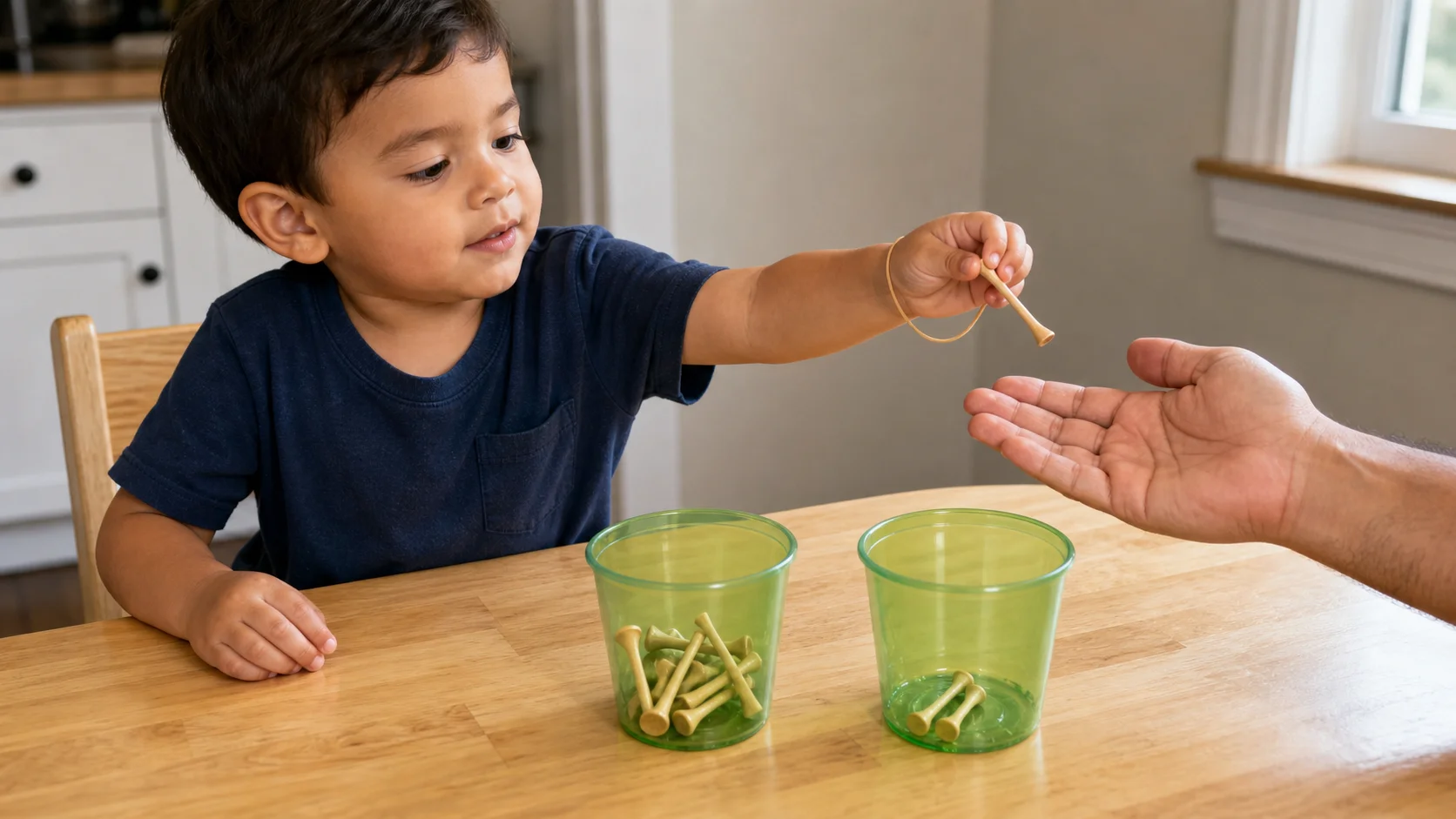 A child sits at a low table, opens a rubber-band-resisted hand, lifts one golf tee from a cup, and passes it to a grown-up.