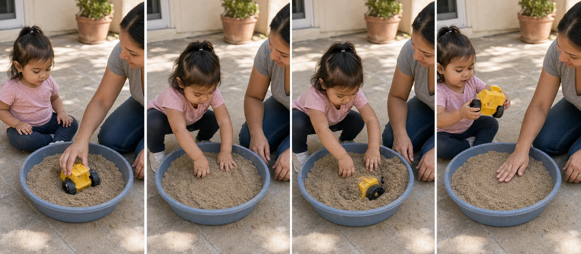 Four panels showing a grown-up hiding a toy in sand, a child digging, the toy being found, and the toy hidden again for another round.