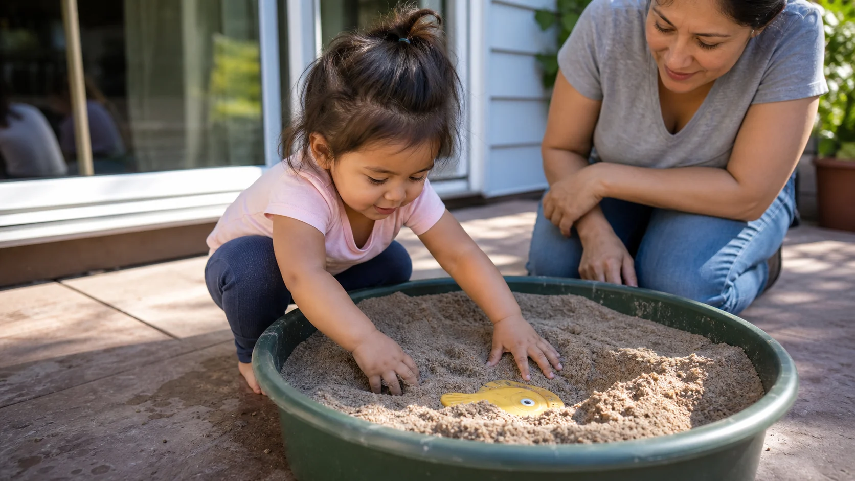 A toddler digging through a bucket of sand to find a hidden toy while a grown-up watches nearby.