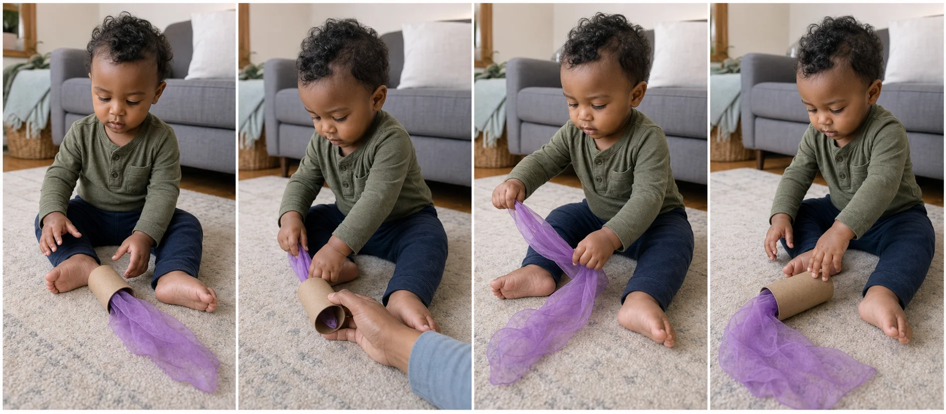 Four panels showing a grown-up placing a tube and scarf on the floor, modeling one push-in turn, a toddler pulling the scarf back out, and the same tube-and-scarf loop repeating.