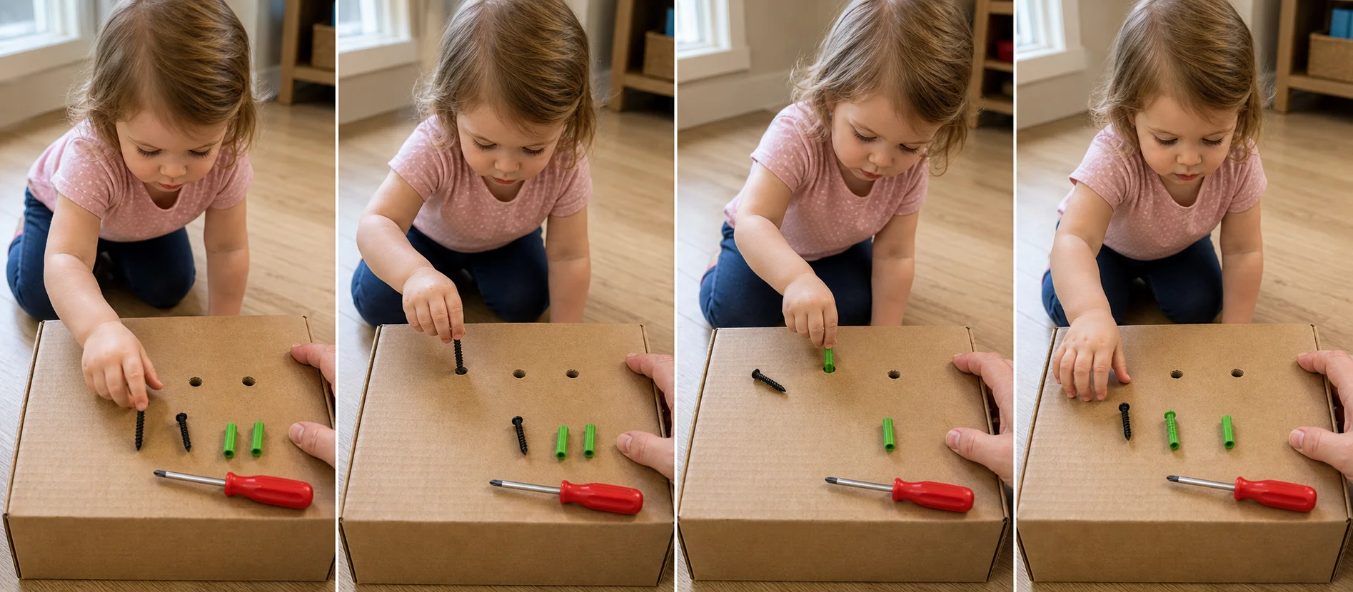 A step-by-step play sequence showing pre-punched holes in a cardboard box, a child testing a screw and anchor, a pull-out reset, and another fit try.