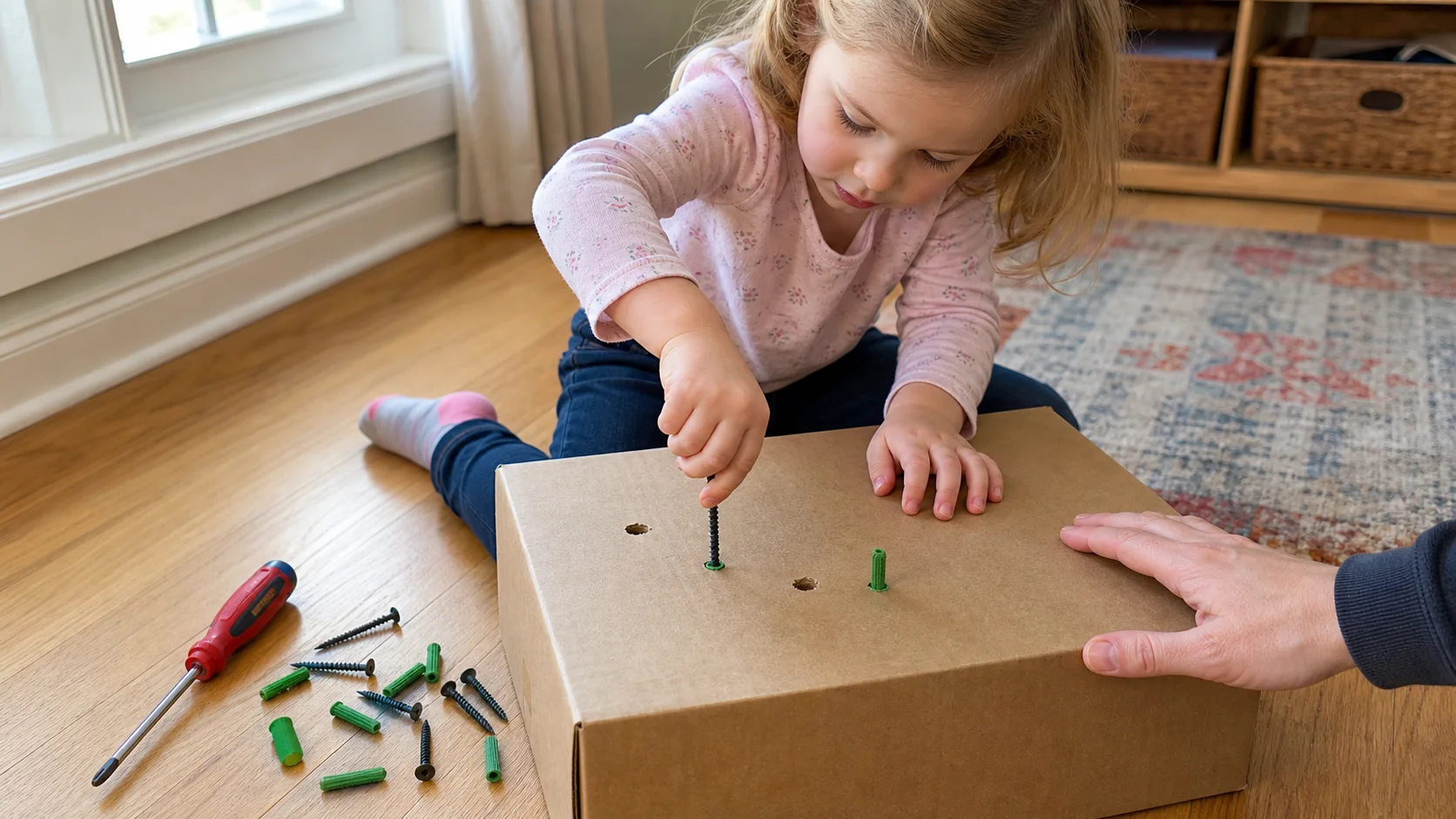 A child twists a screw into a cardboard box while a grown-up steadies the box and keeps extra anchors nearby.