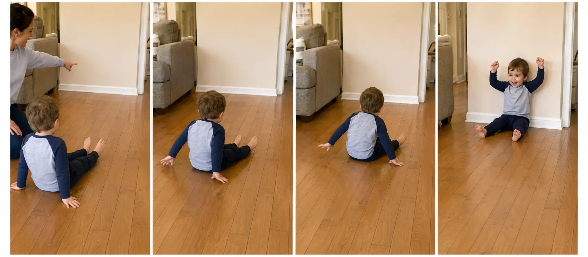Four panels showing a clear floor lane, a child seated at the start, the child scooting toward the finish, and the child resetting for another short race.