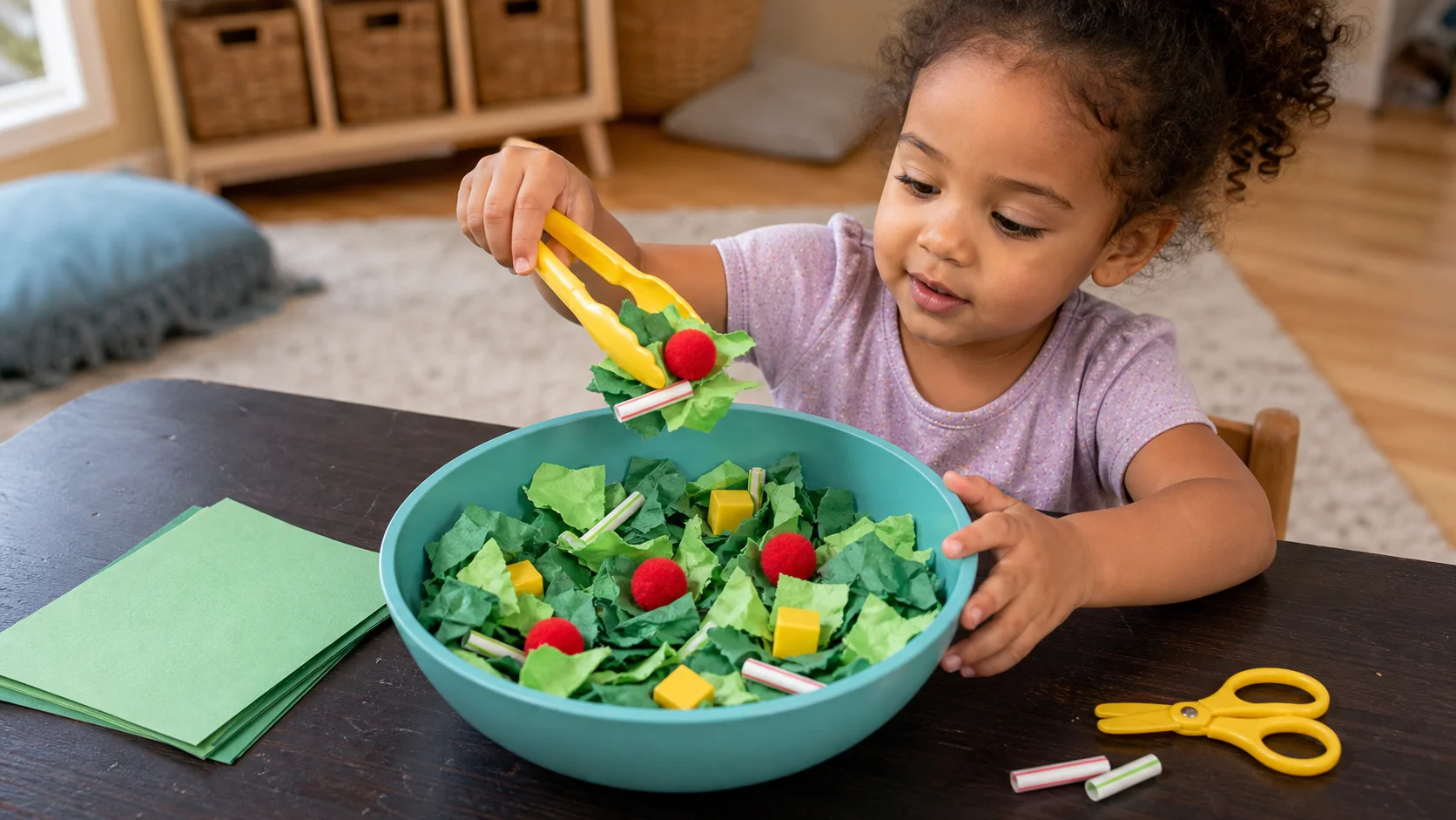 A child sits at a low table, tears green paper into a bowl, adds textured toppings, and serves a pretend salad with tongs while a grown-up stays close.