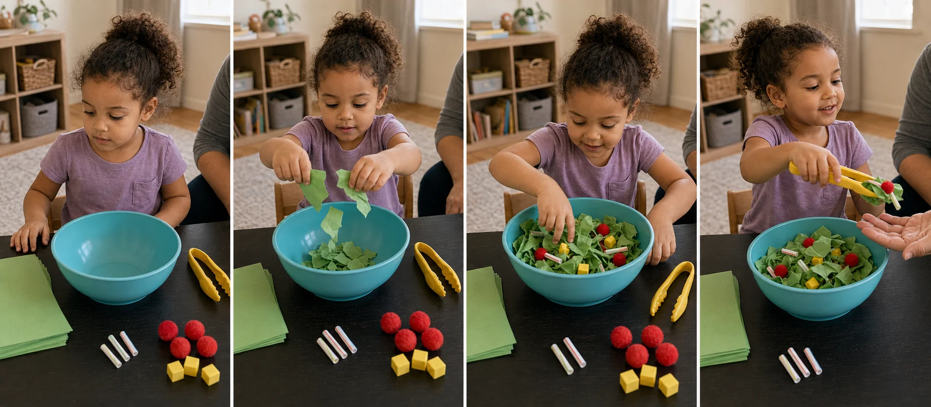 Four panels show a grown-up setting out the bowl and paper, a child tearing paper into lettuce, the child mixing in toppings, and the child serving a pretend salad portion with tongs.