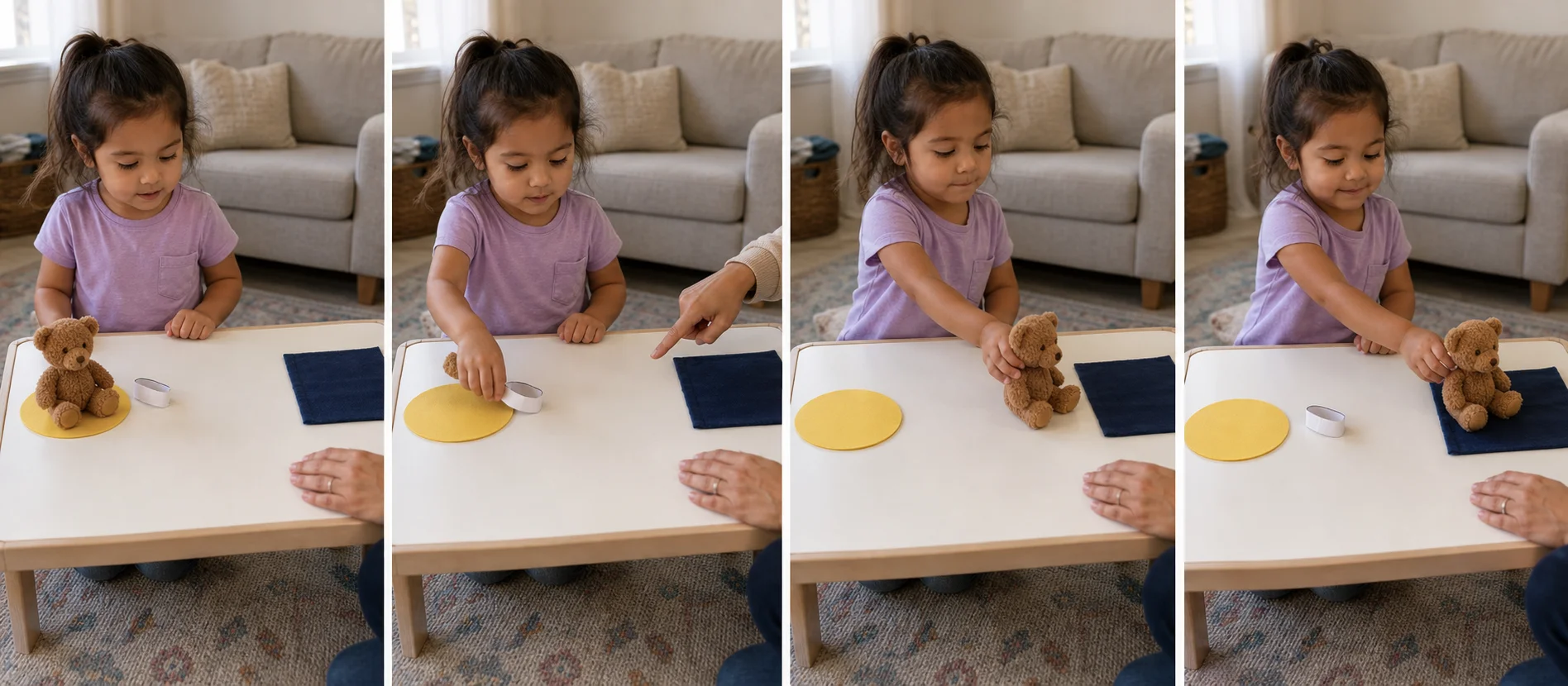 Three-panel sequence showing a toy on a sun card, the child walking it along a short path, and the toy parked in shade.