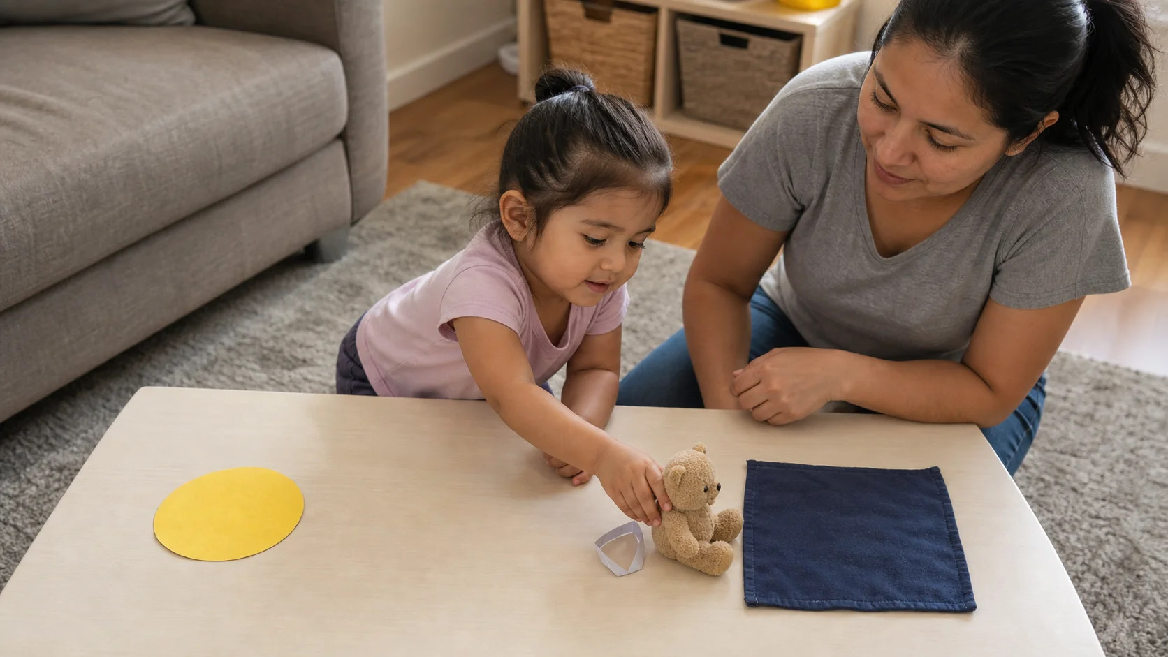 Toddler moving a small toy from a bright sun card to a dark shade spot on a low table.