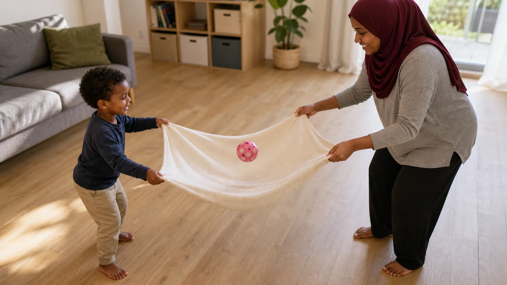 A grown-up and preschool child holding a small sheet together while a lightweight ball bounces in the middle.