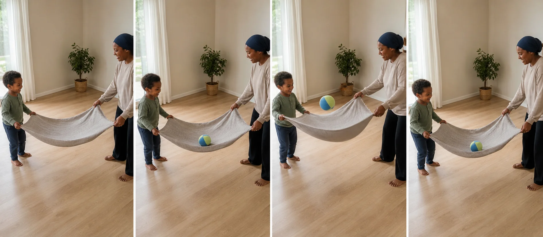 Four panels showing a grown-up and child stretching a sheet open, placing a light ball in the middle, bouncing it together, and lowering the sheet to reset.