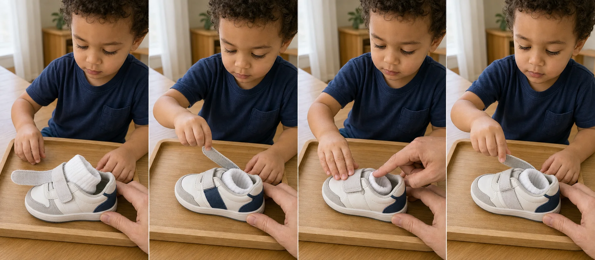 Panels showing a grown-up opening a shoe strap, a child pressing loose and snug, and the sock wiggle check.