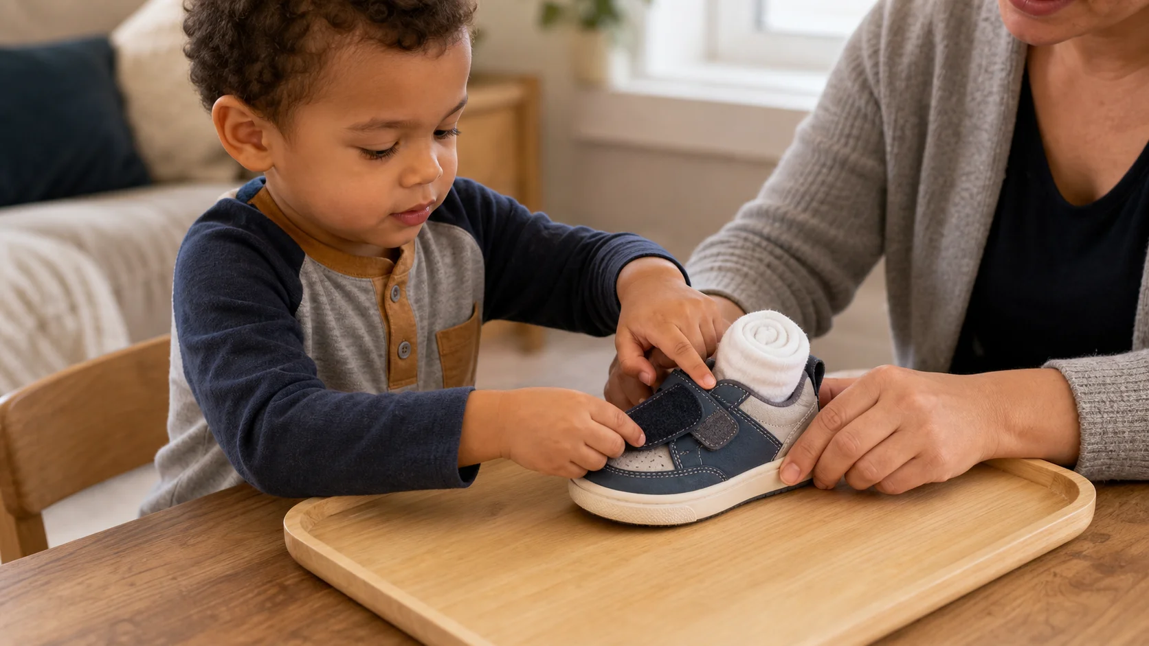 Toddler pressing a Velcro shoe strap over a rolled sock pretend foot on a tray.