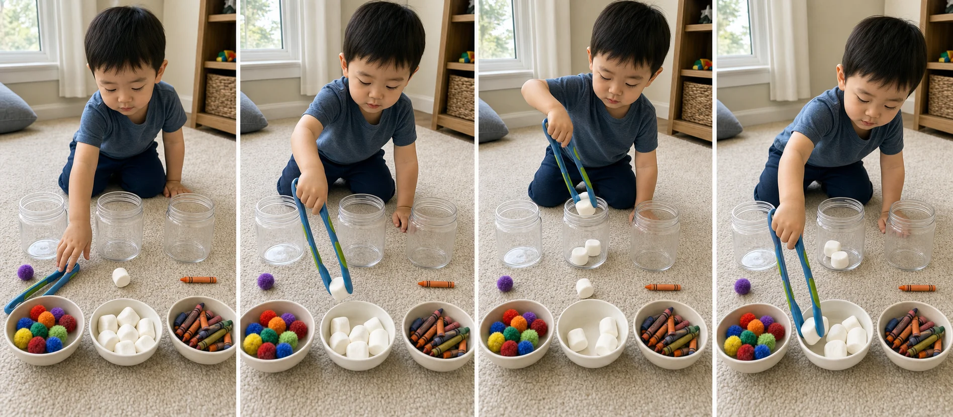 A step-by-step play sequence showing bowls of pom-poms, marshmallows, and crayons, matching jars, one tong grab, and the final shove through the opening.